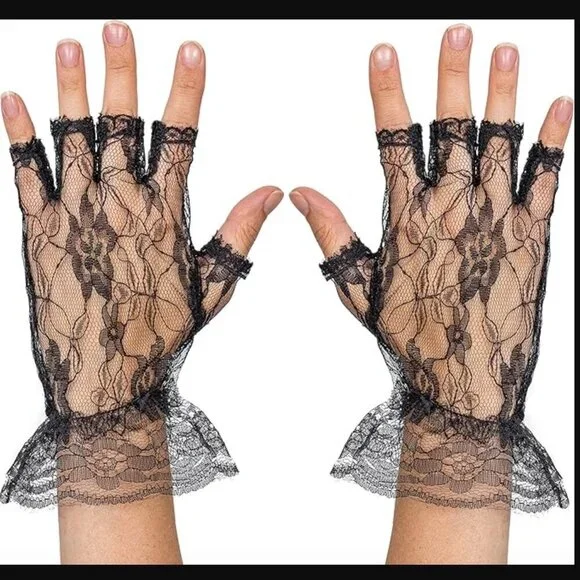 Skeleteen Black Fingerless Short Lace Gloves - Picture 3 of 3